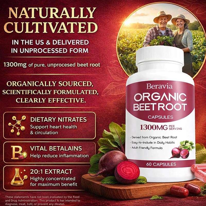 Beravia Organic Beet Root Capsules, Purely Natural, Non-GMO 60-Counts