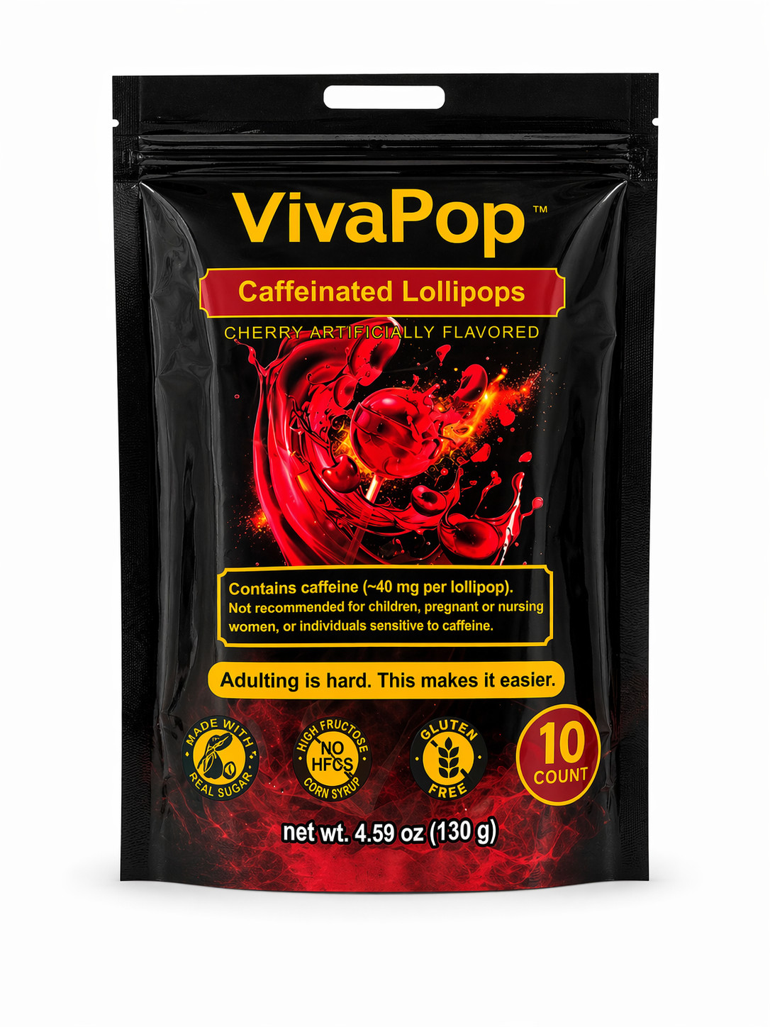 VivaPop Caffeinated Lollipops 40mg Caffeine 100mg L-Theanine 10 Count Energy