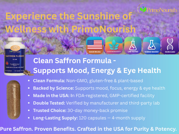 PrimoNourish Saffron Extract Supplement for Mood & Focus, 120 Capsules