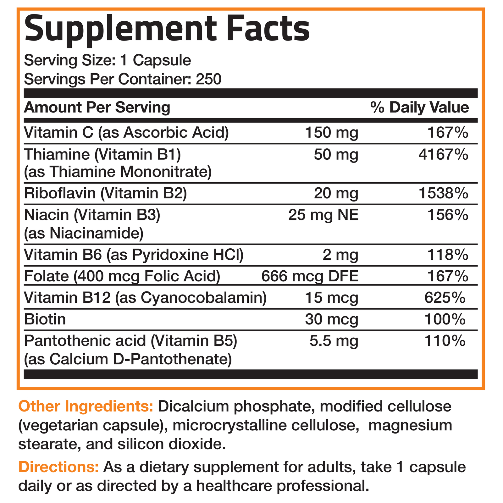 Vitamin B Complex w/ Vitamin C Immune, Energy & Nervous System Support, 250 Caps