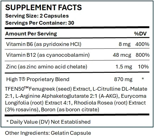 High T Testosterone Booster 60 Capsules | Energy Strength Daily Support for Men