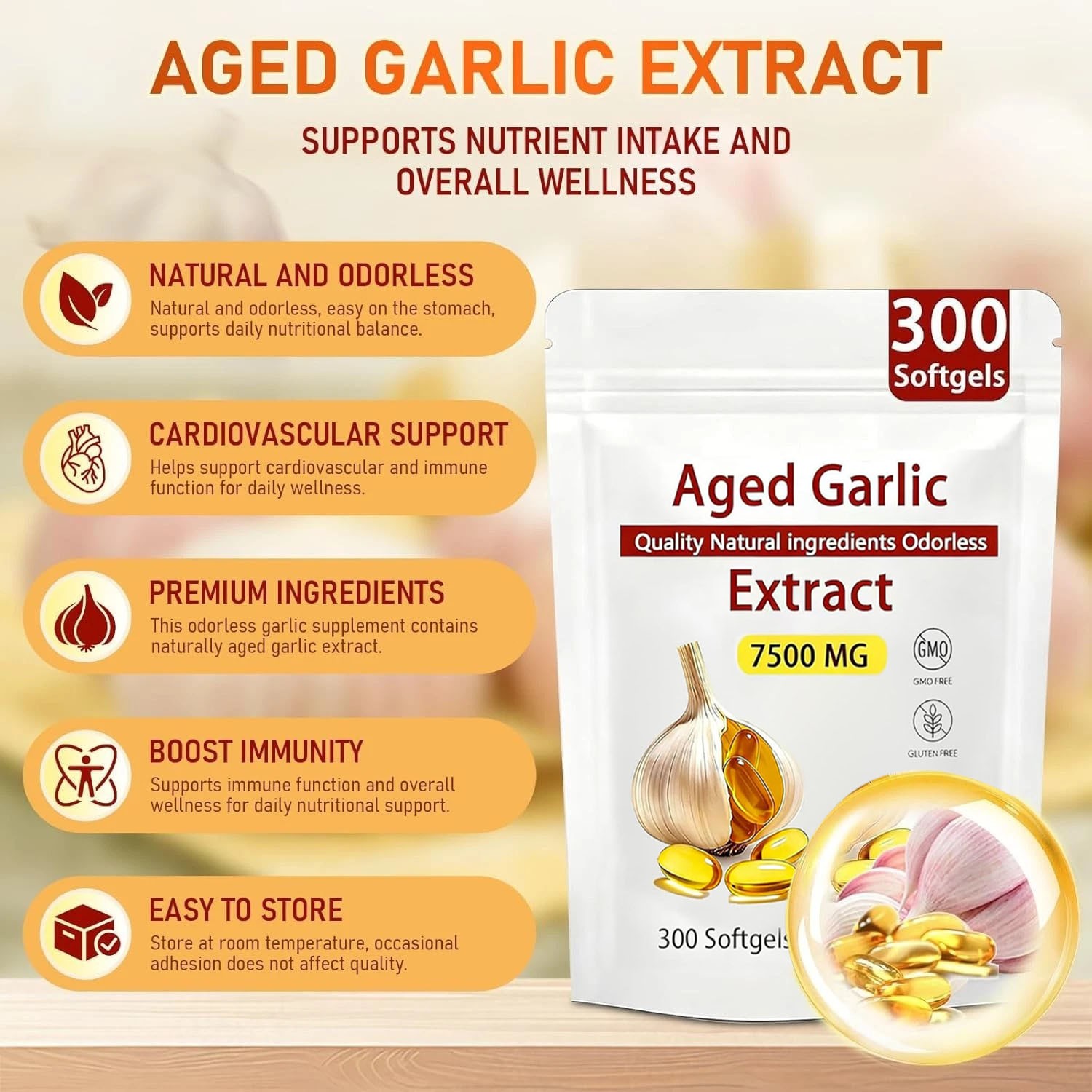 Odorless Garlic 7500mg Per Servings, 300 Softgels | 2 Years Aged Garlic Extra…