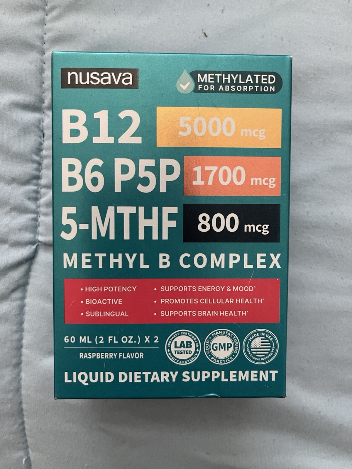 Nusava Vitamin B12 + B6 Liquid Drops 5000 mcg – Raspberry Flavor, 2 fl oz x 2