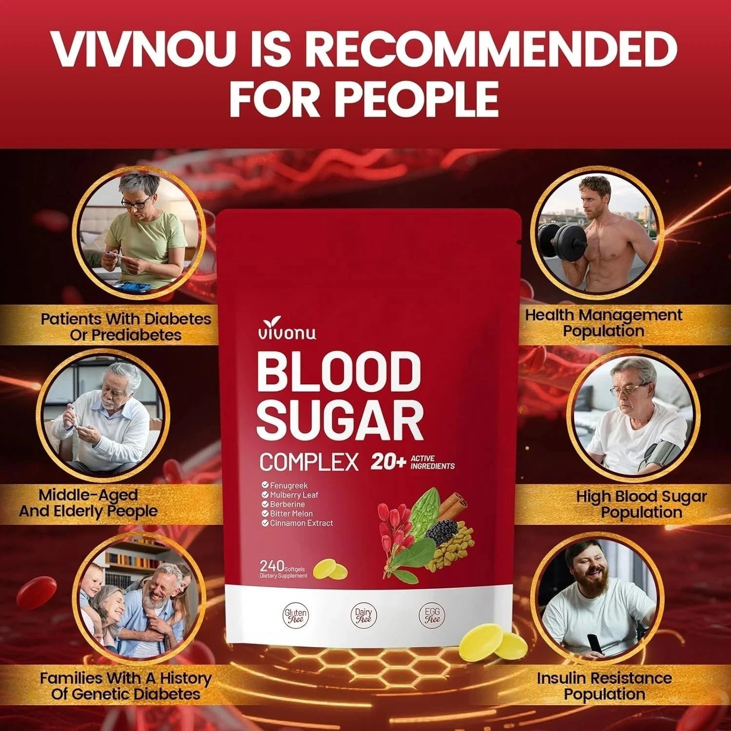 VivoNu Blood Sugar Complex Supplement with 20 Herbs and Vitamins 240 Softgels