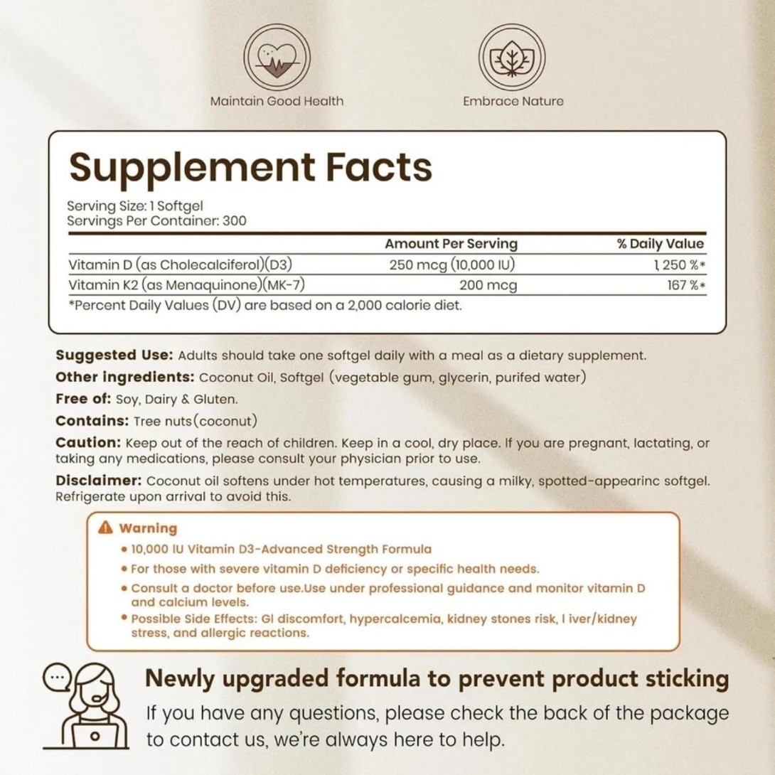 VEV Vitamin D3 Con K2 10000 IU, 300 Virgin Coconut Oil Softgels, 2 in 1 latest