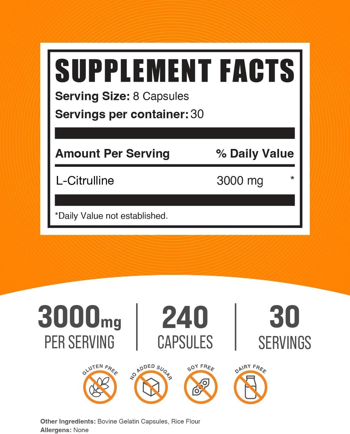 L-Citrulline 3000mg GMP Certified & Non-GMO Free Form Amino 240 Capsules
