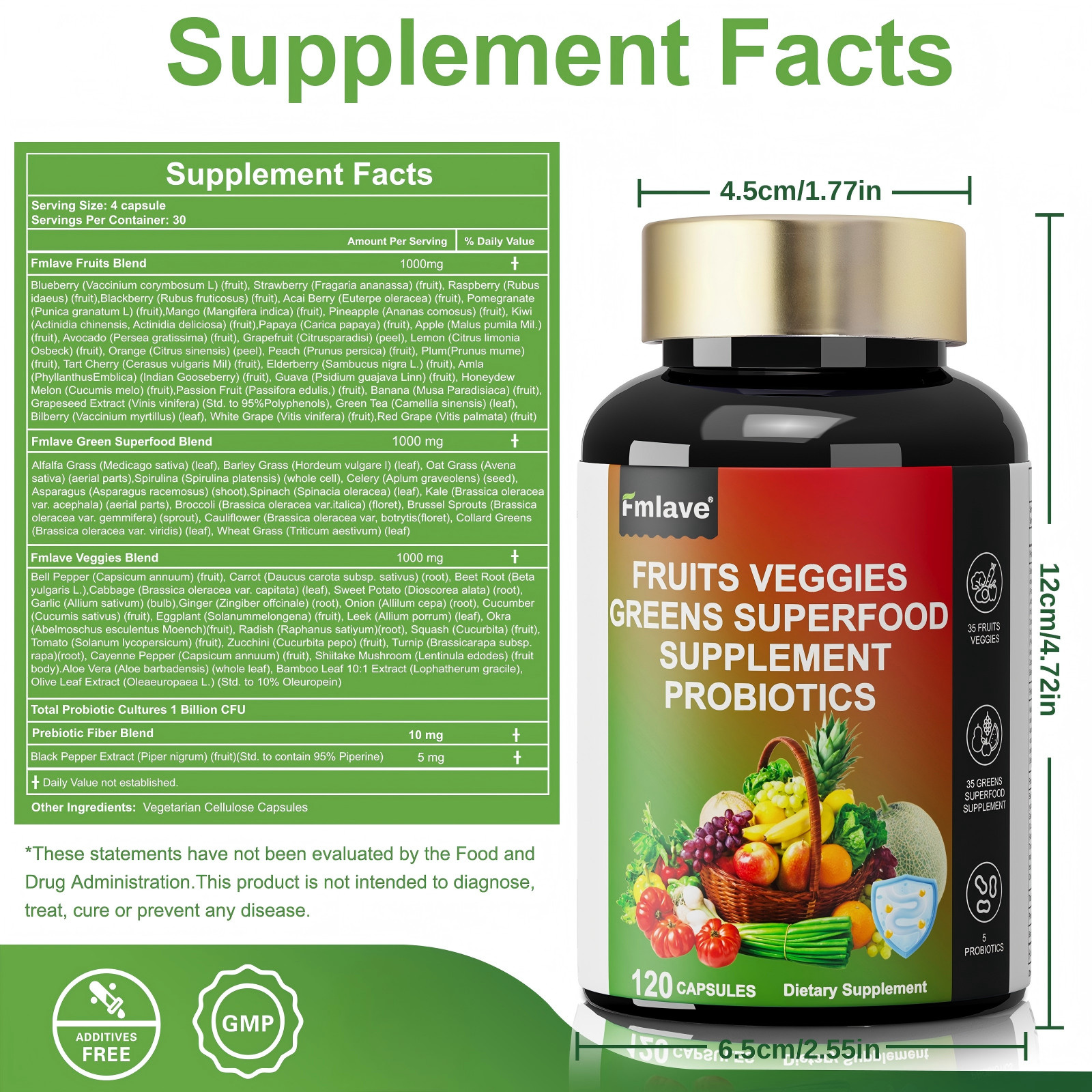 4pc 70 Fruits and Veggies Whole Food Supplement, Superfood & 5 Probiotic Strains
