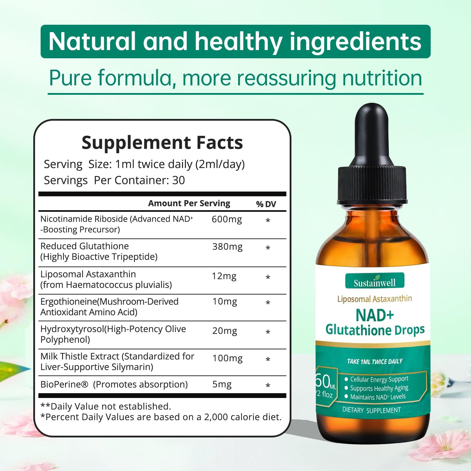 NAD+ Glutathione Liquid Drops with 2.04 Fl Oz (Pack of 1)