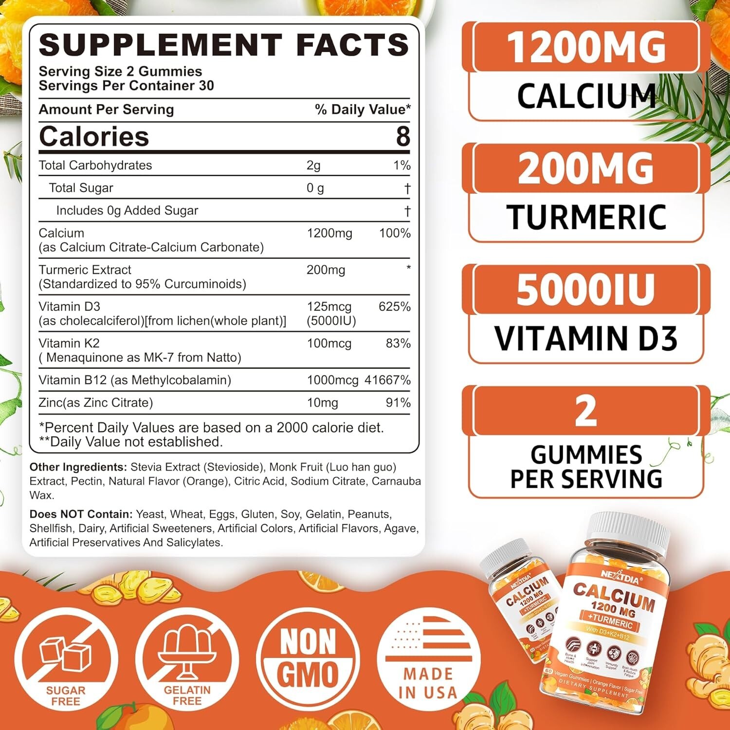 Nextdia Turmeric Calcium Gummies for Women & Men – Sugar-Free Calcium 1200mg …