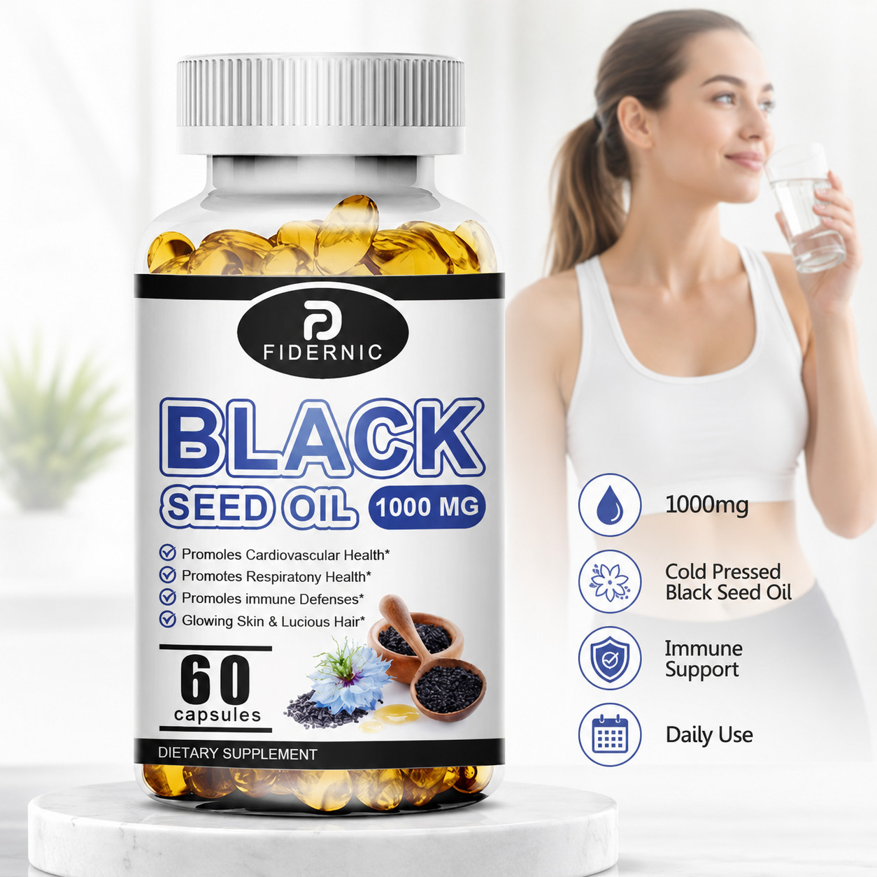 FIDERNIC Black Seed Oil 1000mg 60 Capsules Supplement