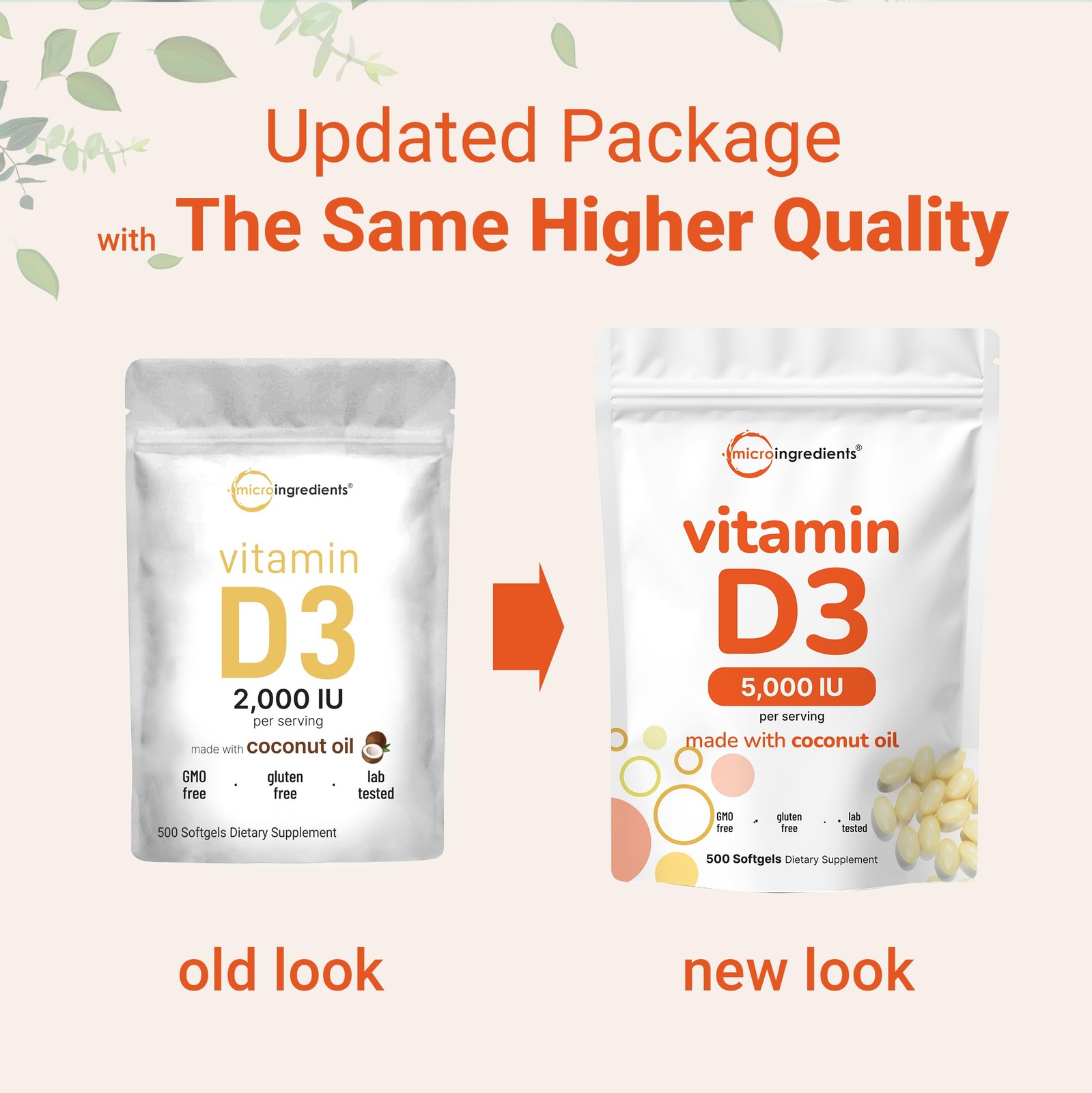 Vitamin D3 5000IU with Coconut Oil Supports Bone Immune Heart Health 500 SOFTGEL
