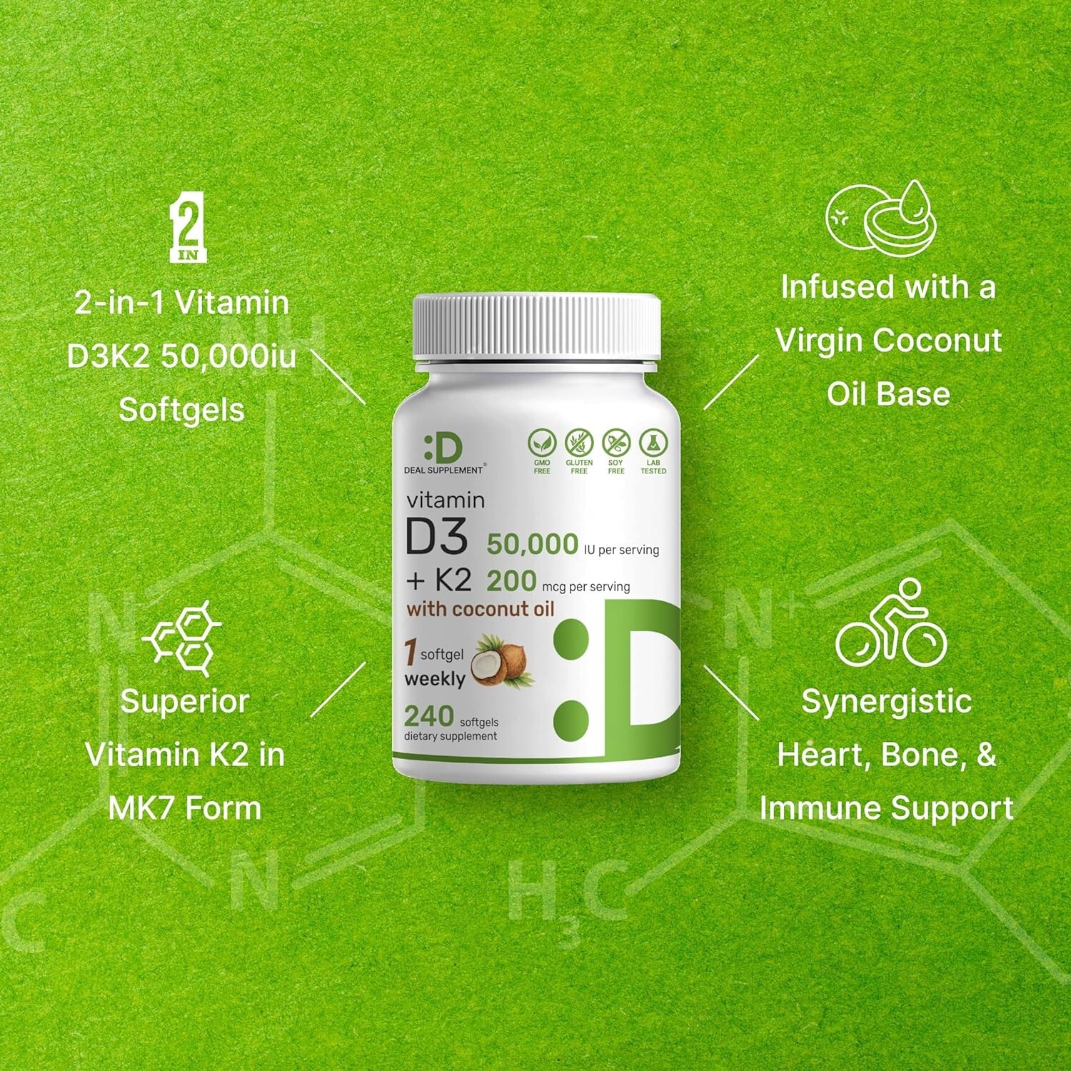 Vitamin D3 50,000 IU + K2 MK7 200 mcg, 240 Softgels, Virgin Coconut Oil