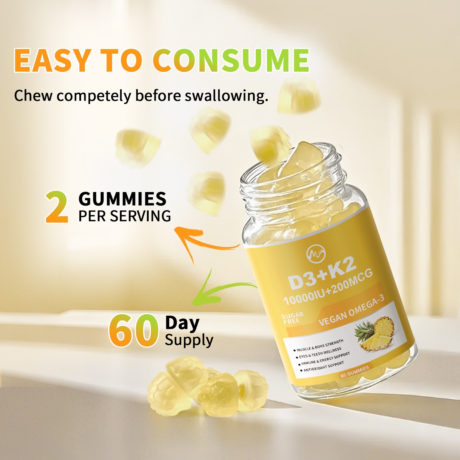 2xVitamin D3 K2 60Gummies, Vitamin D3 10000 IU Bone,Teeth,Muscle,Immune Health
