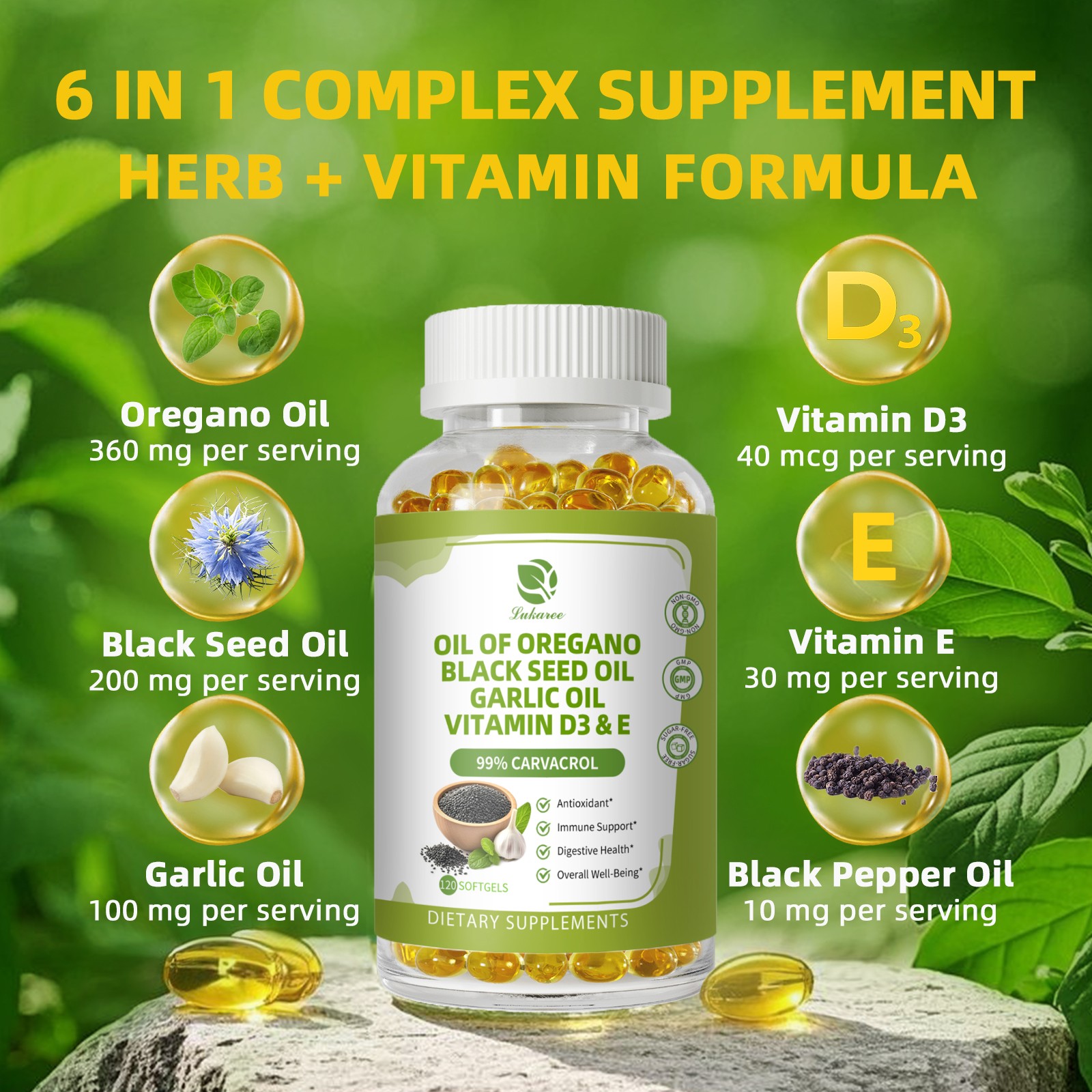 Oregano Oil Capsules with Black Seed Oil, Garlic Oil High Concentrated Carvacrol
