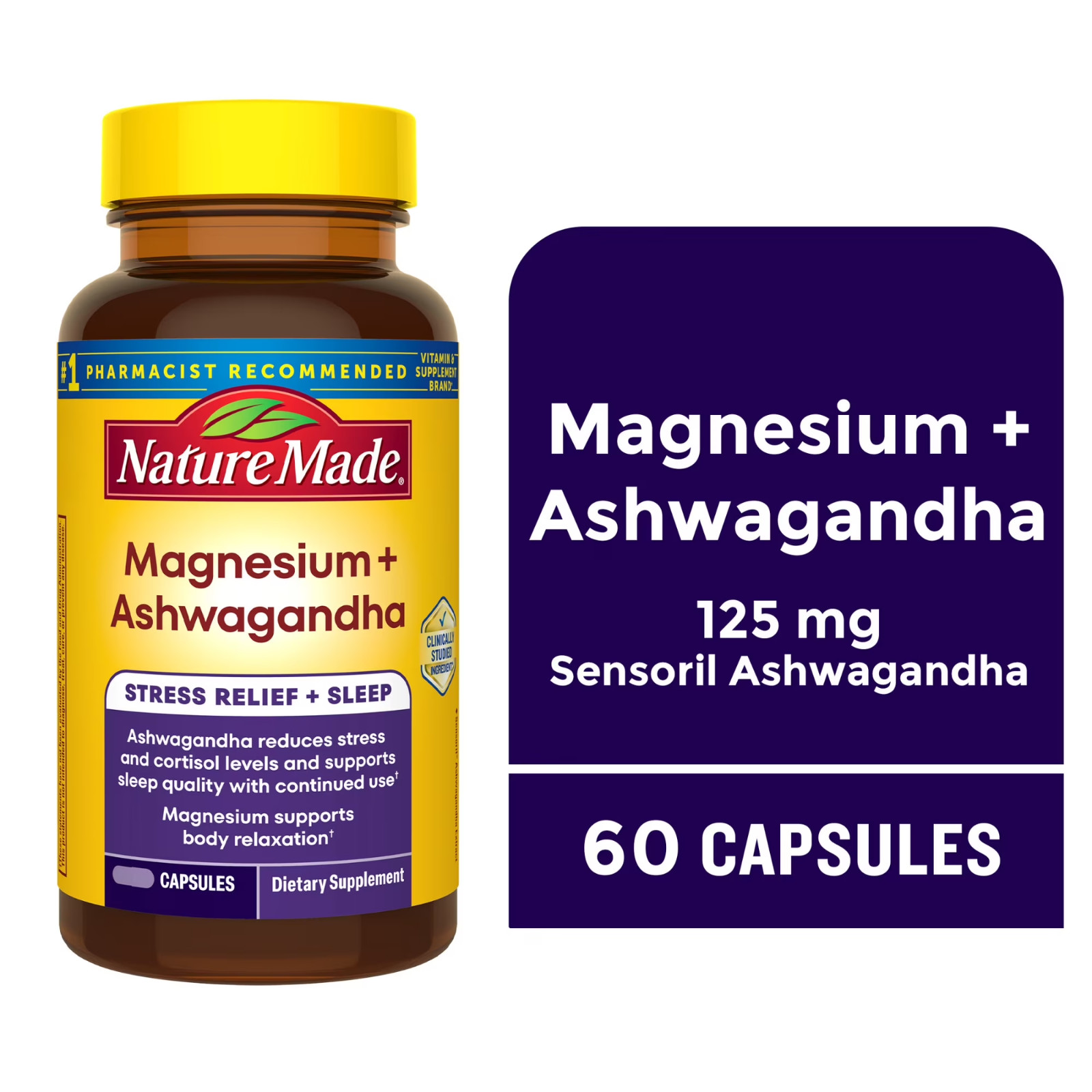 Nature Made Magnesium + Ashwagandha Capsules, Stress 60 Count (Pack of 1)