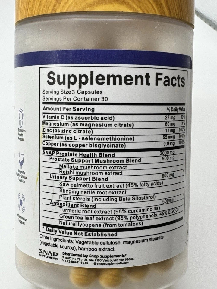 SNAP Prostate Wellness 90 Capsule Supplement Pills | Mushroom + Saw Palmetto +