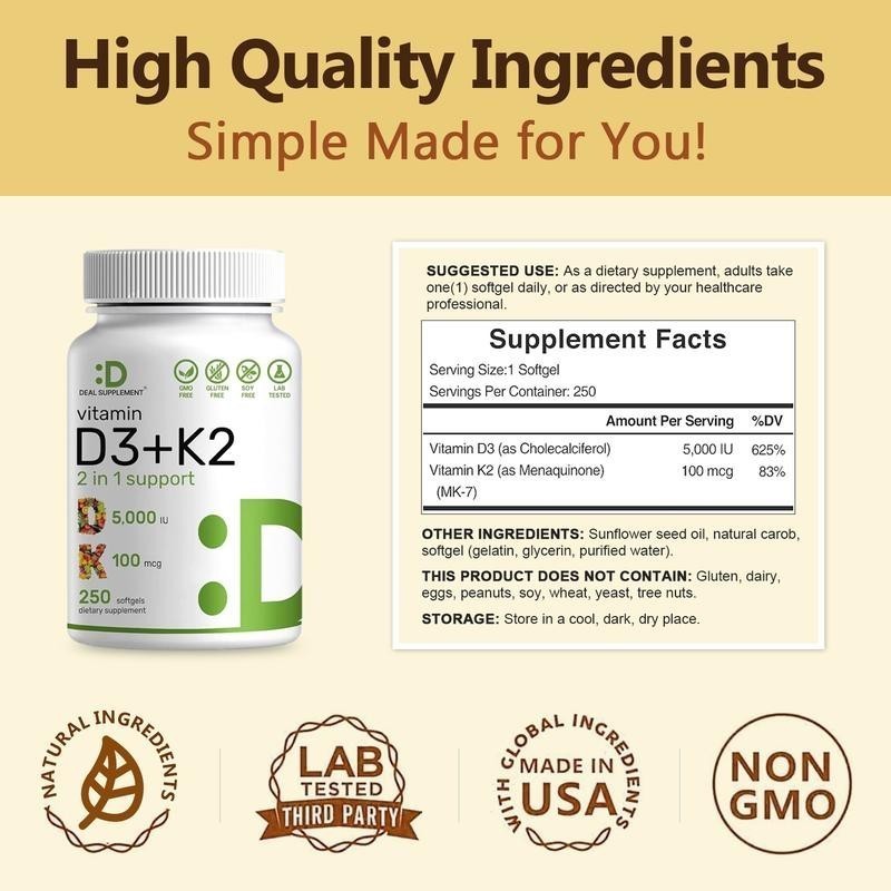 NEW Vitamin D3 5000 IU with K2 MK7 250 Veggie Softgels Bone Immune Support