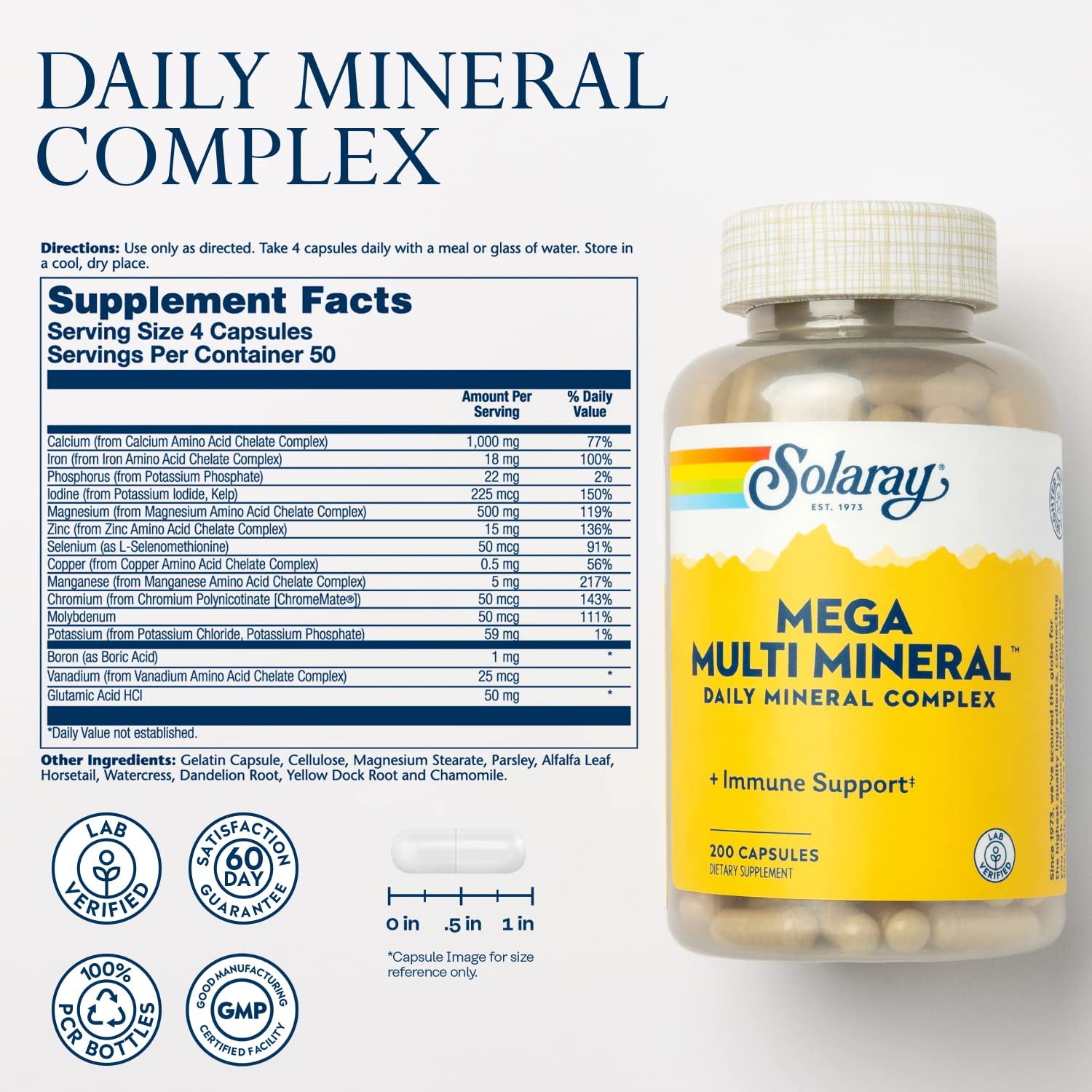 Solaray Mega Multi Mineral | 200 Capsules 1 Count (Pack of 200), No Color