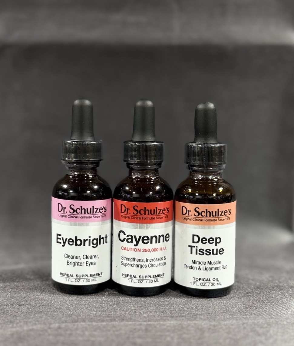Dr schulze’s Eyebright 1oz, Cayenne 1oz, Deep Tissue 1oz Supplement Drops New!