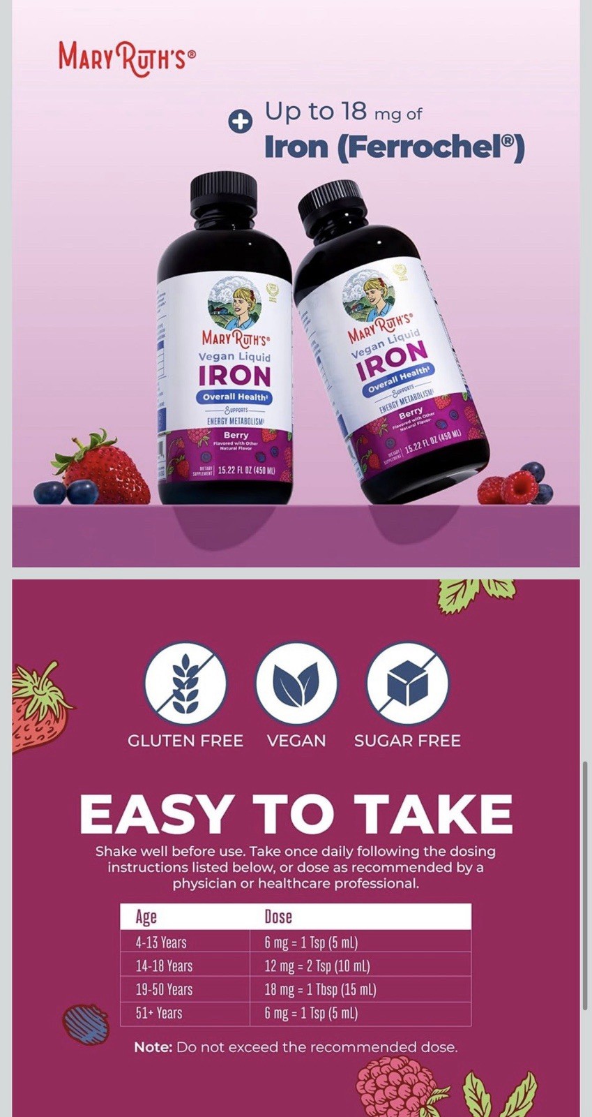 MaryRuth’s Vegan Liquid Iron Ferrochel Berry 15.22 fl oz Sugar Free Non-GMO