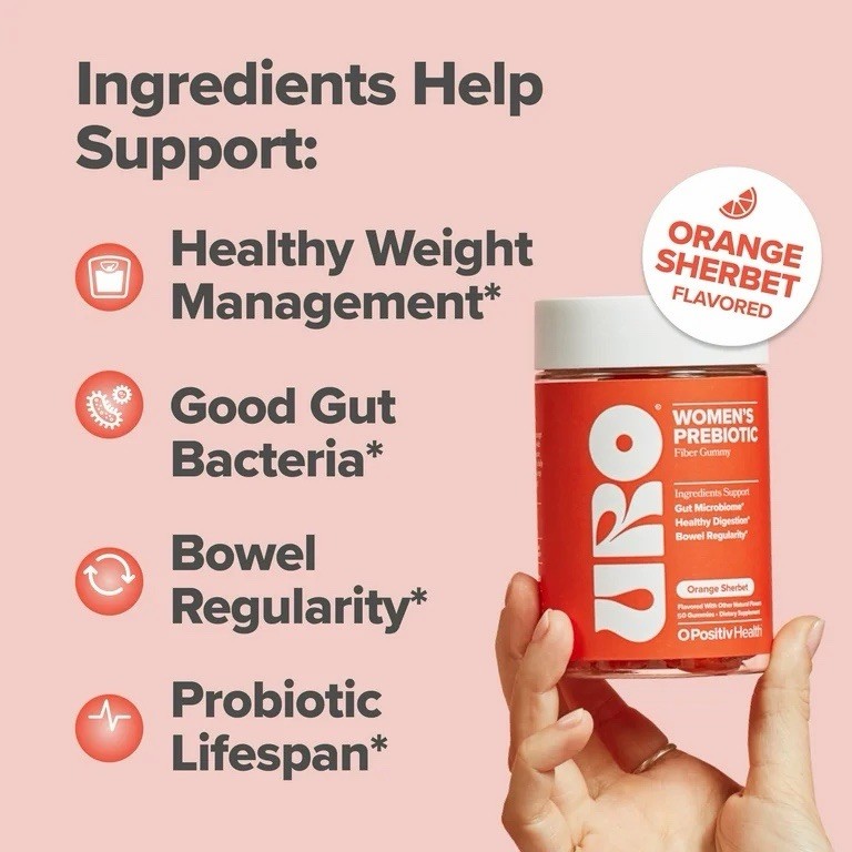 O Positiv URO Prebiotic Fiber Gummies for Digestive Gut Health Sherbet, 50 ct