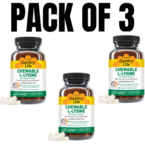 Country Life Chewable L-Lysine with Vitamin D & Elderberry – 60 Count (Pack of 3