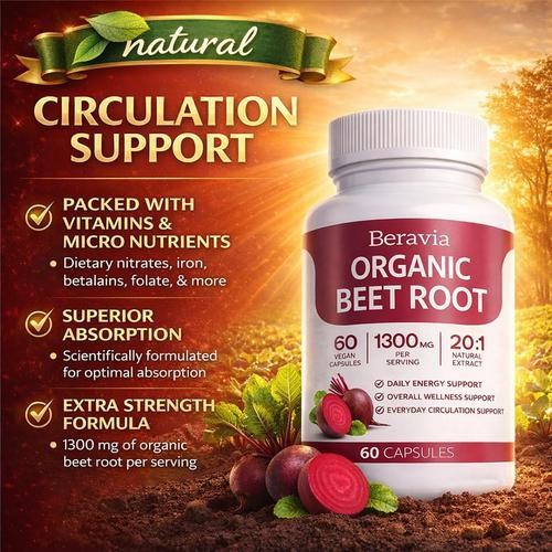 Beravia Organic Beet Root Capsules, Purely Natural, Non-GMO 60-Counts