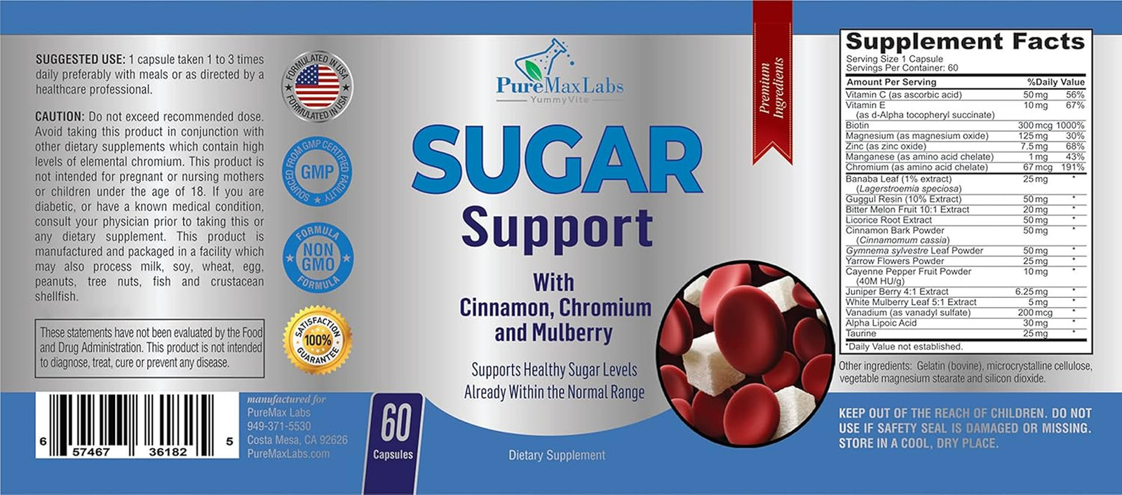 Sugar Support Supplement with Cinnamon, Chromium, Mulberry, Alpha Lipoic Acid –