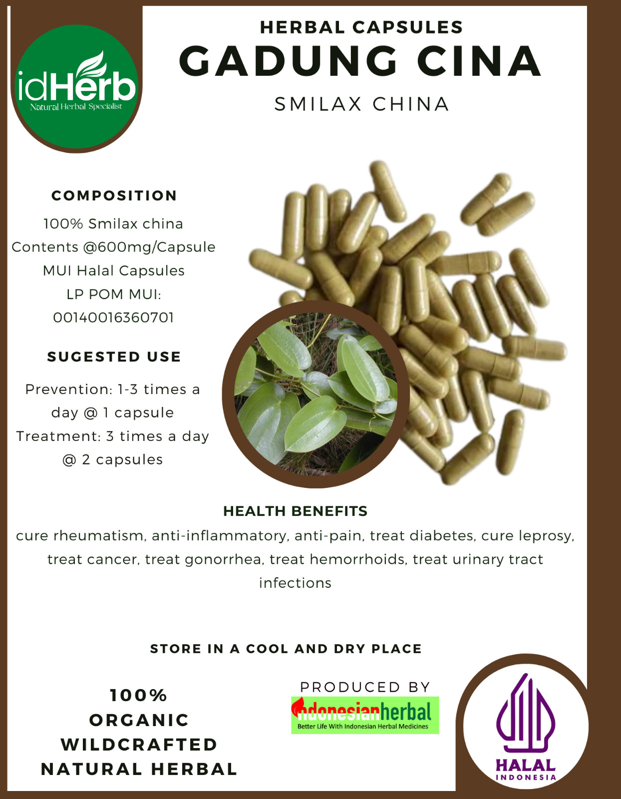 [idHerb] 100-800 Capsule China Root Gadung Cina Smilax China WildCrafted Organic