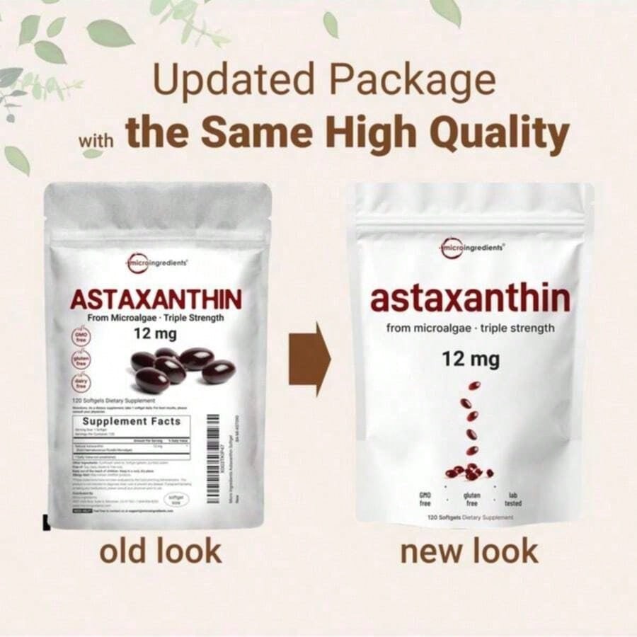 Astaxanthin 12mg, 120 Softgels | 4 Monthly Supply, Natural Tanning, Fresh Microa