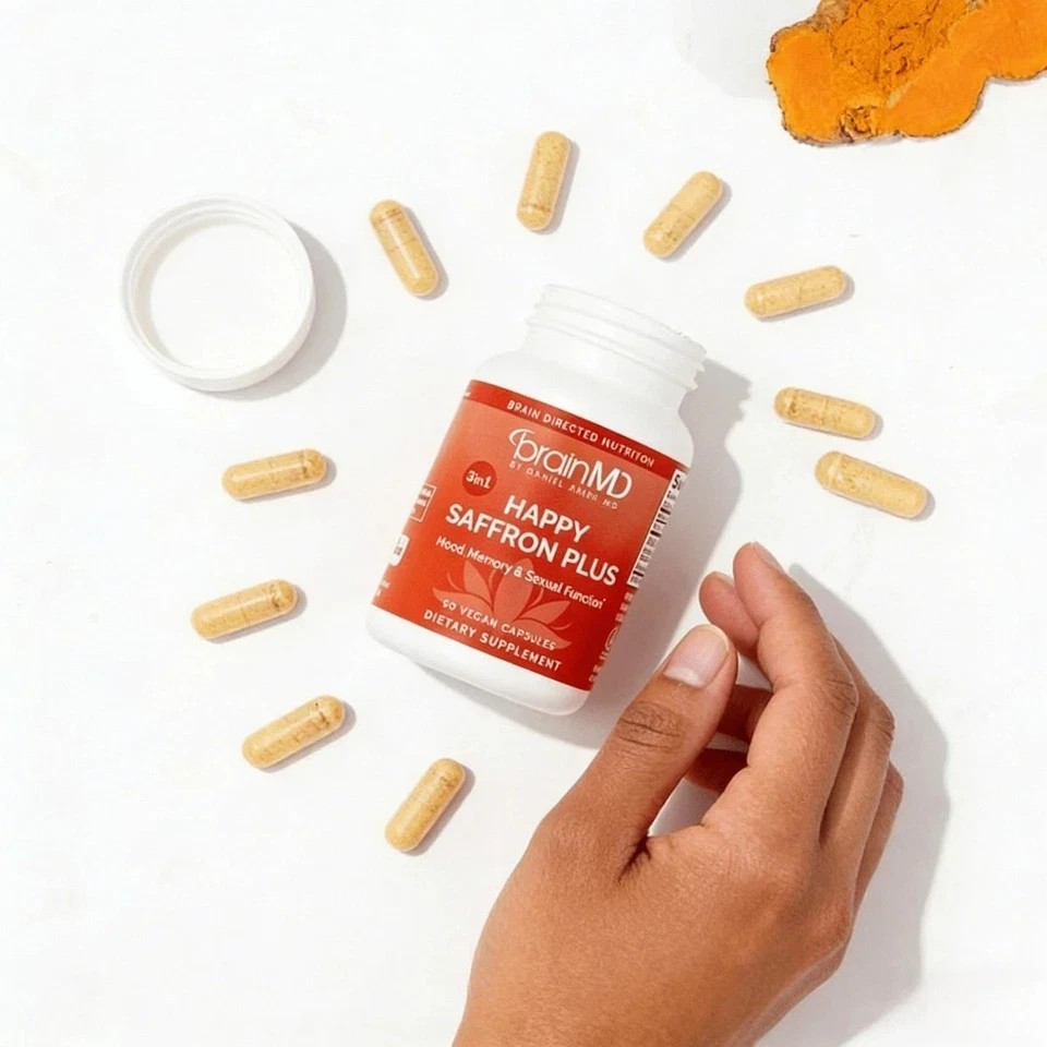 BrainMD Happy Saffron Plus 3-in-1 Vegan Capsules Supplement