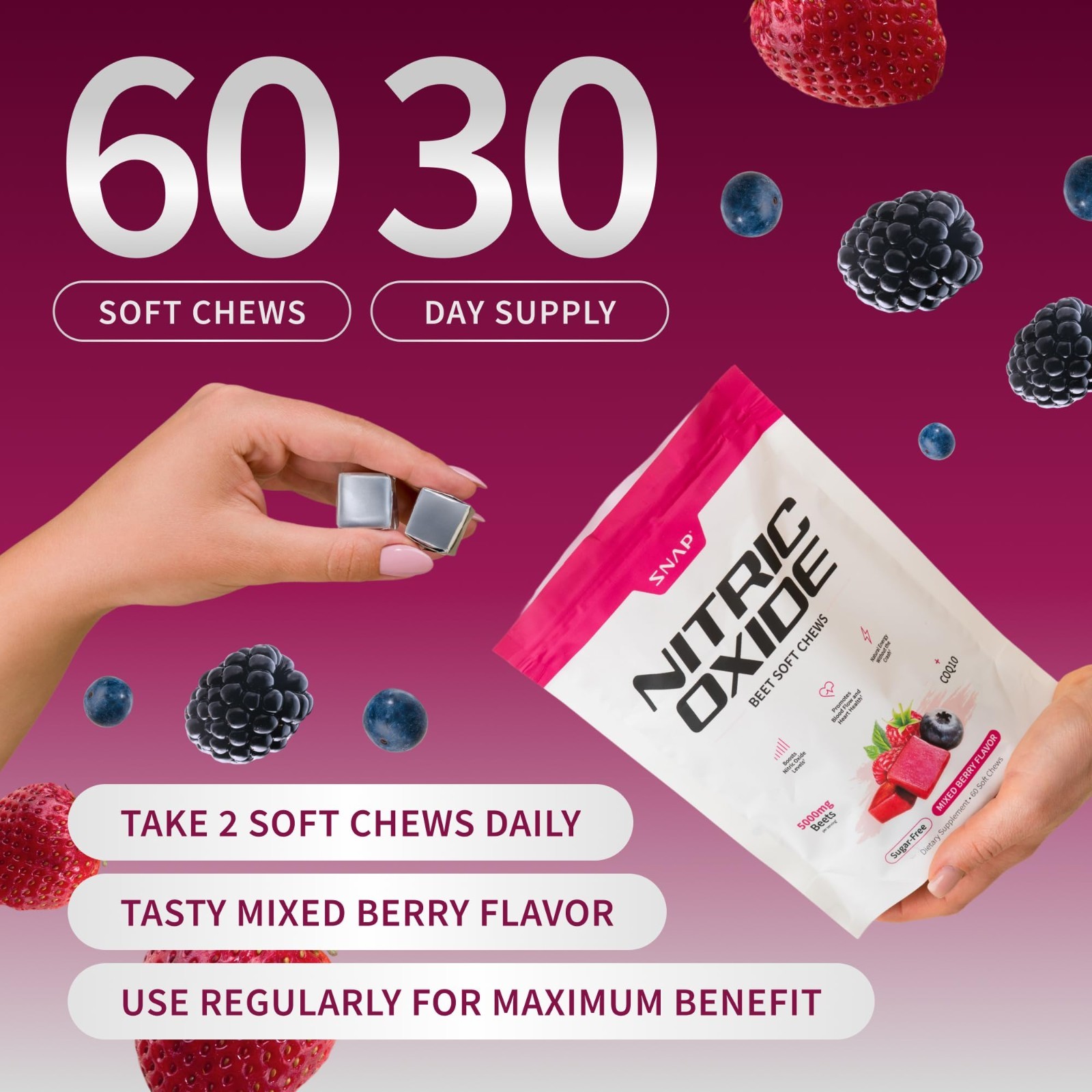Nitric Oxide Beet Root Chews – 60 Soft Chews, 1,250mg Beet Extract, CoQ10, Acai,