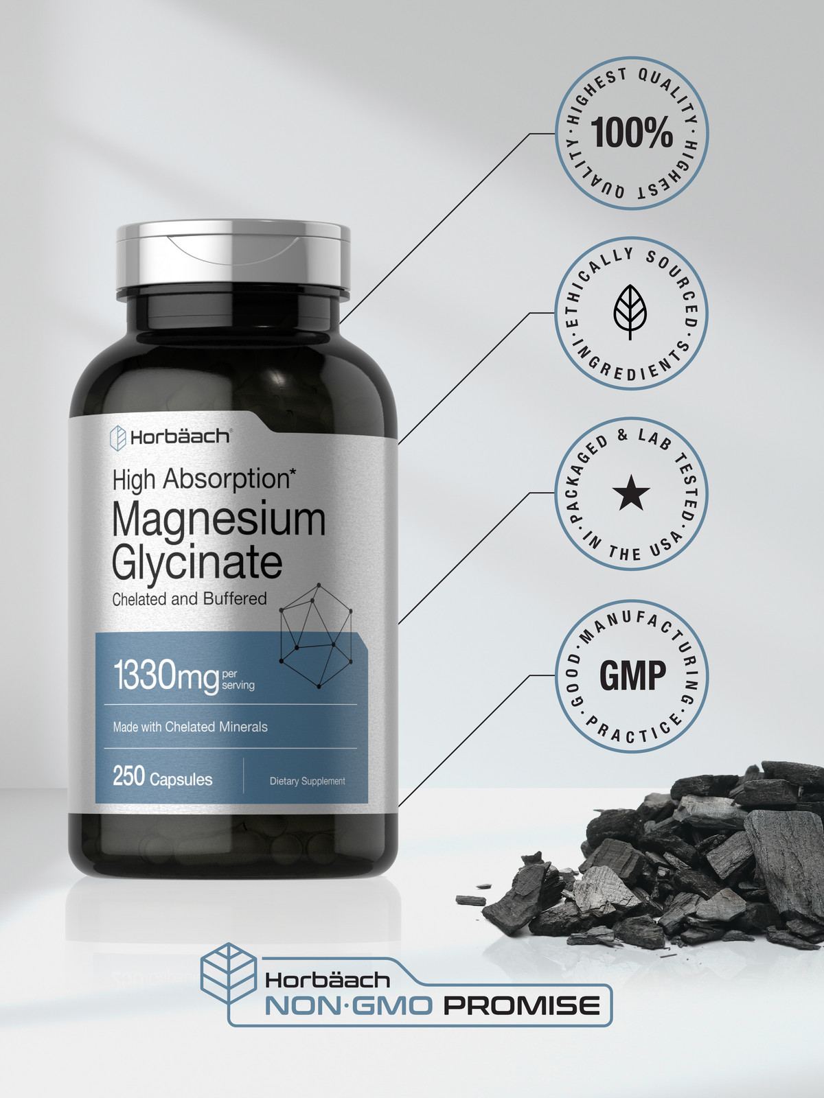 Magnesium Glycinate | 1330mg | 250 Capsules | Buffered & Chelated | by Horbaach
