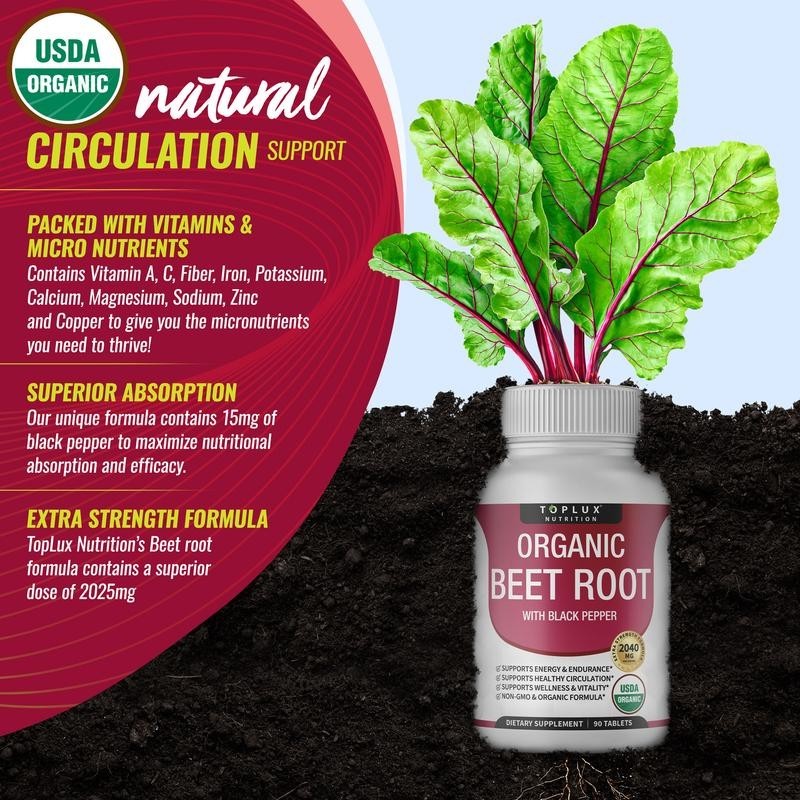 Toplux Organic Beet Root Tablets-Nitric Oxide Booster Beetroot Supplement 2040mg
