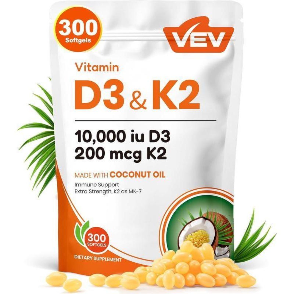 VEV Vitamin D3 K2 10000IU MK7 Coconut Oil Softgels Bone Immune Support 300 ct