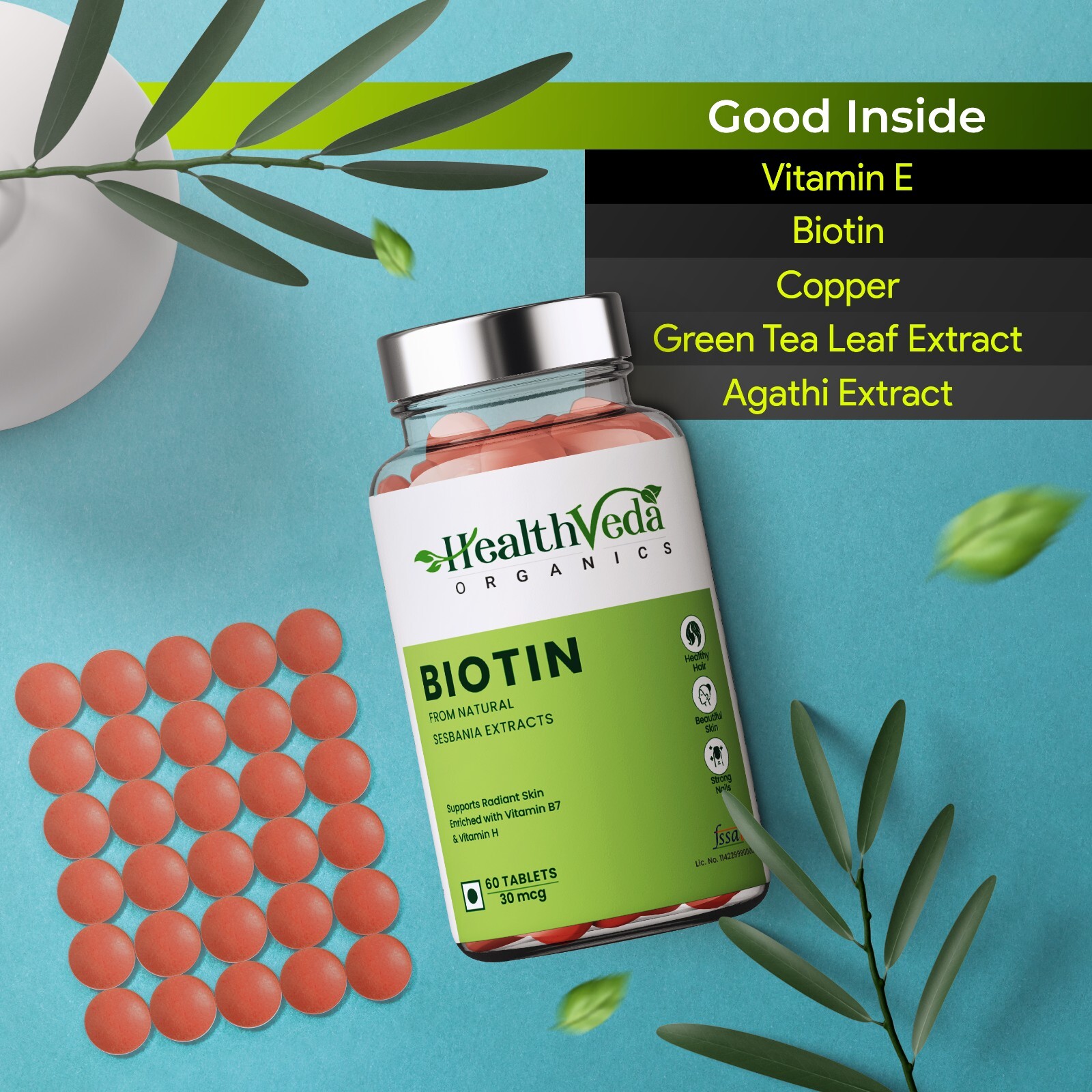Health Veda Organics Biotin For Healthy Hair, Beautiful Skin, & Nail Growth