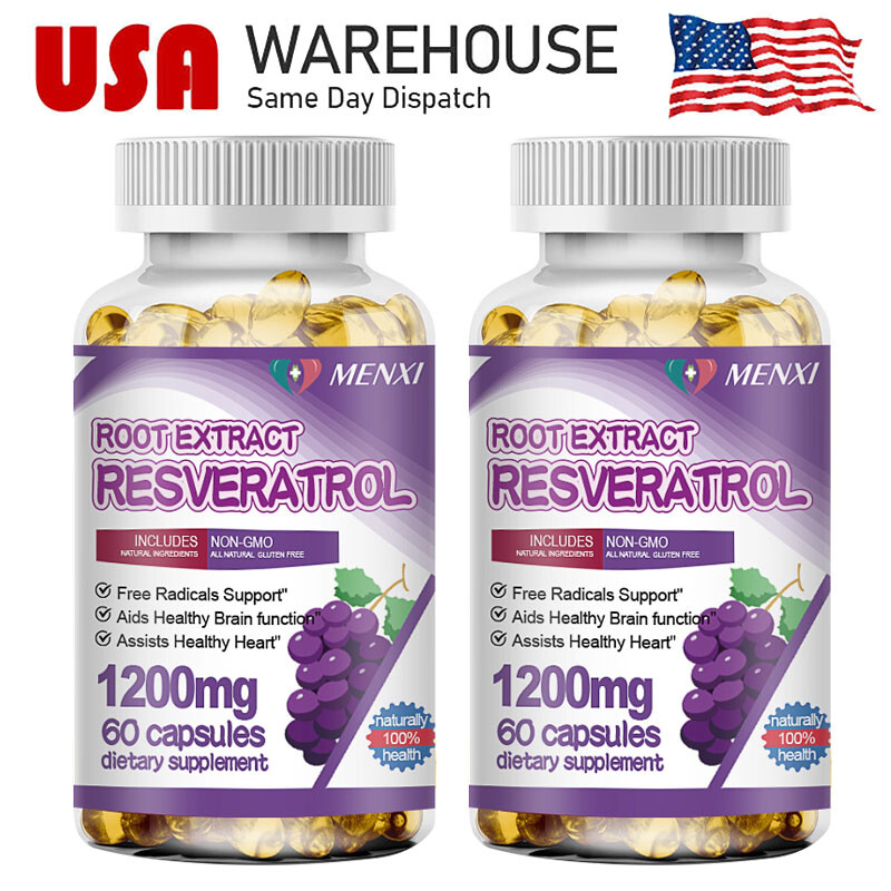 2Packs Resveratrol Extract Supplement 1200MG Maximum Natural AntiAging Capsules