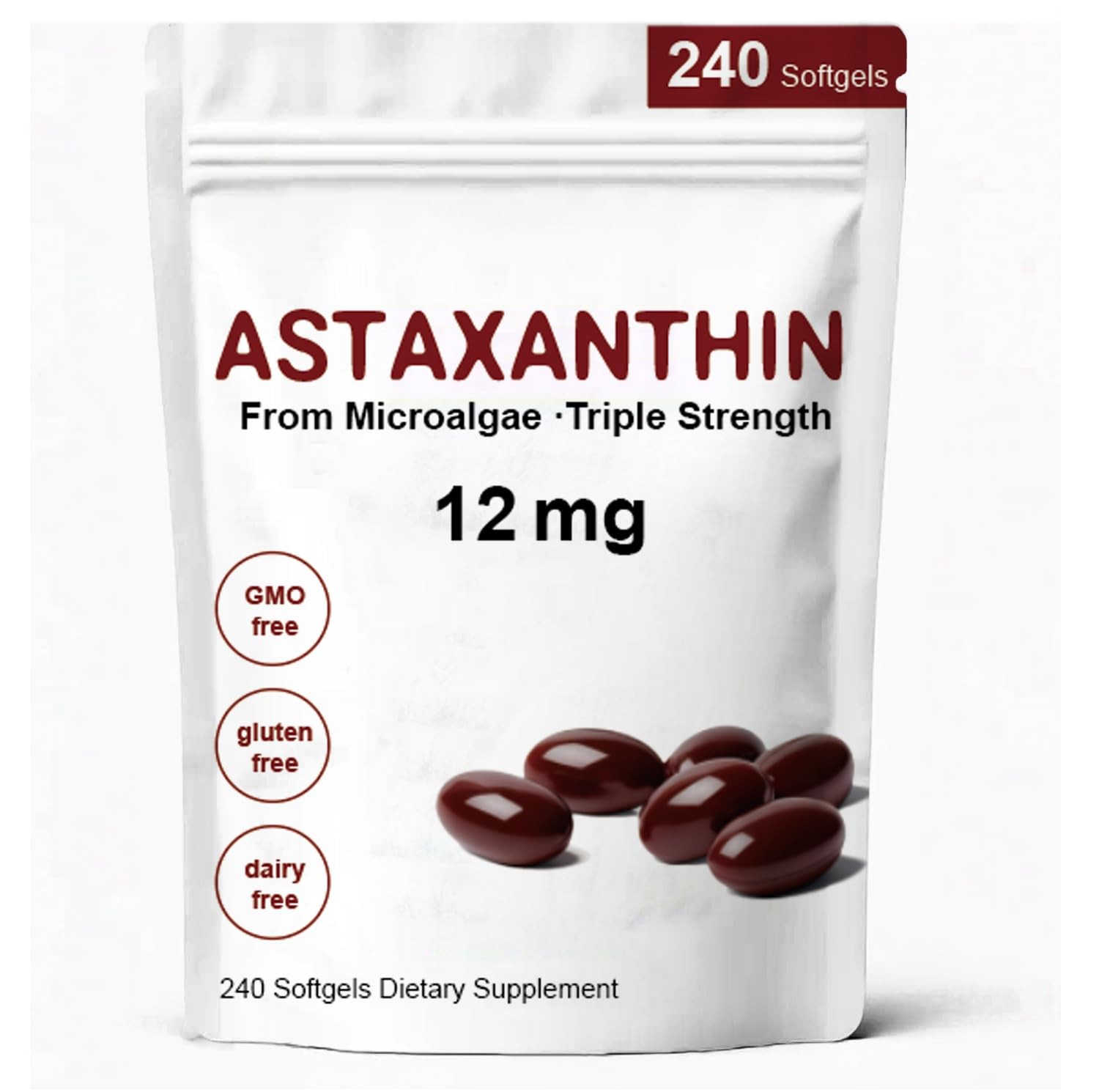 Astaxanthin 12mg, Premium 240 Count (Pack of 1), Unflavored