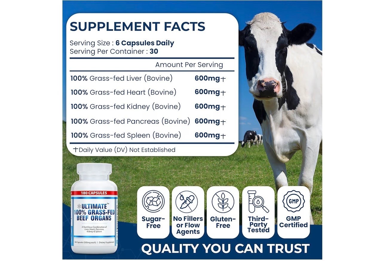 Ultimate 100% Grass Fed Beef Organs Supplement Supports 180 Count (Pack of 1)