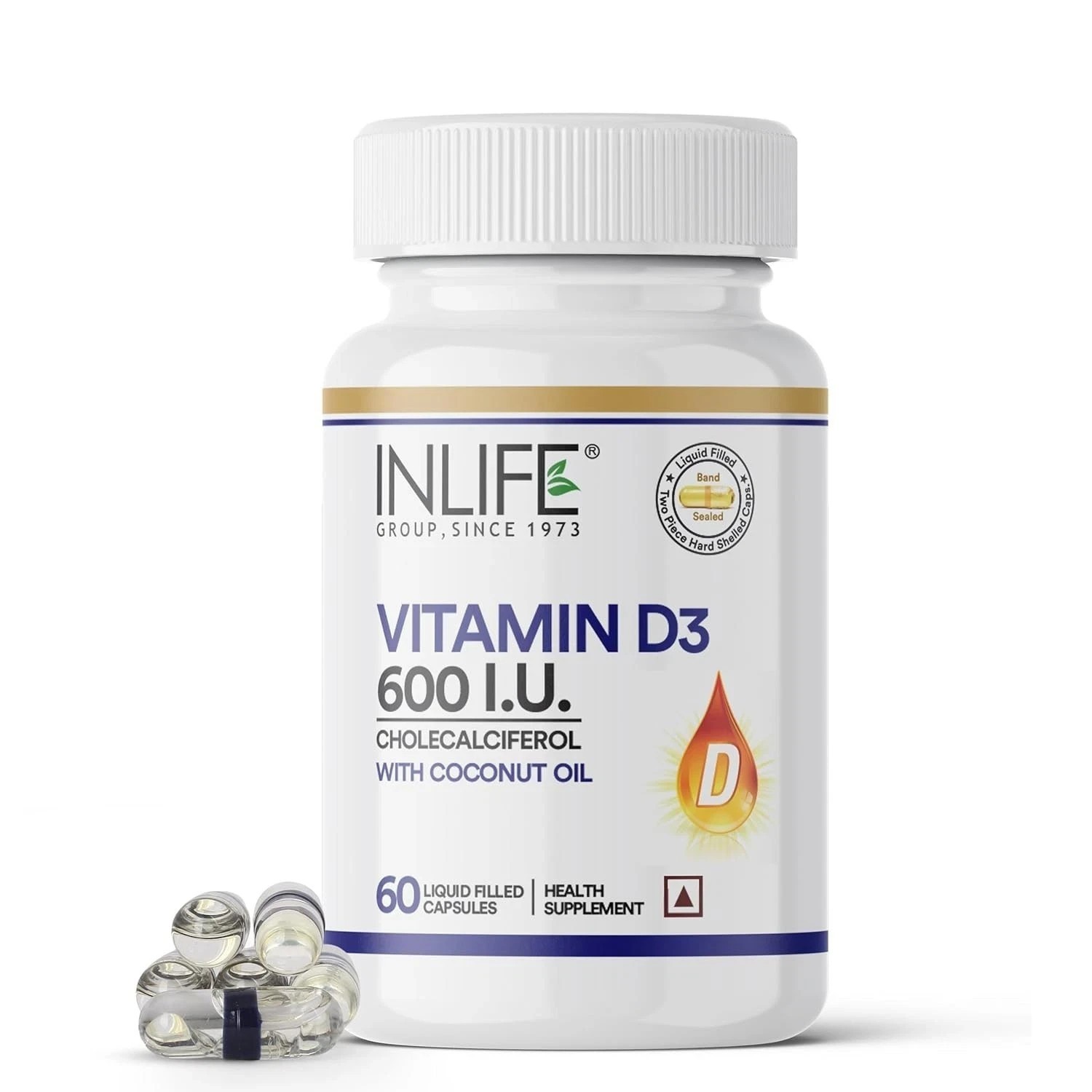 INLIFE Vitamin D3 600 IU Cholecalciferol Supplement with Coconut Oil 60N U815