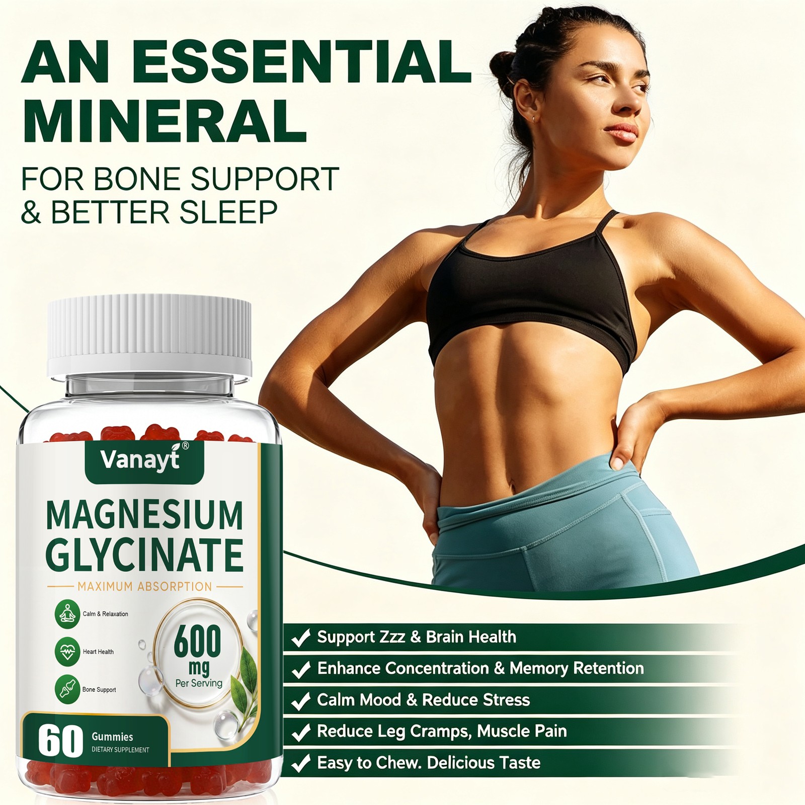 2x Magnesium Glycinate 600mg Advanced Complex 60 Gummy Gluten Free & Non-GMO