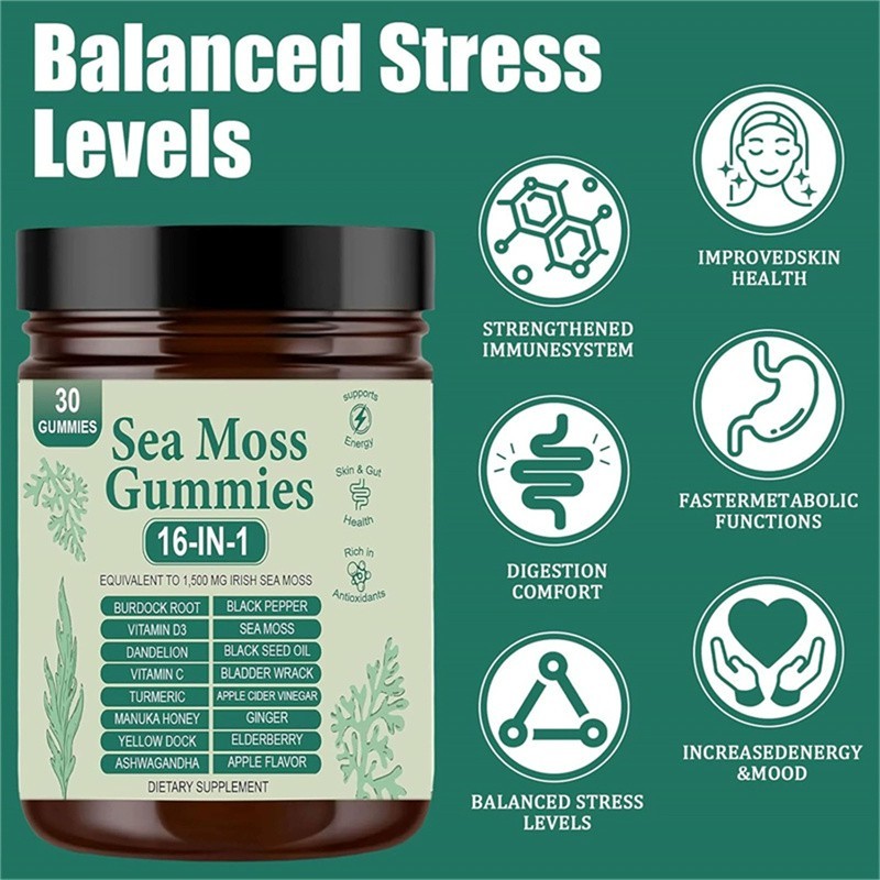 3PCS 16 in 1 Organic Sea Moss Gummy Irishmoss Extract 6000Mg Green Apple Flavor