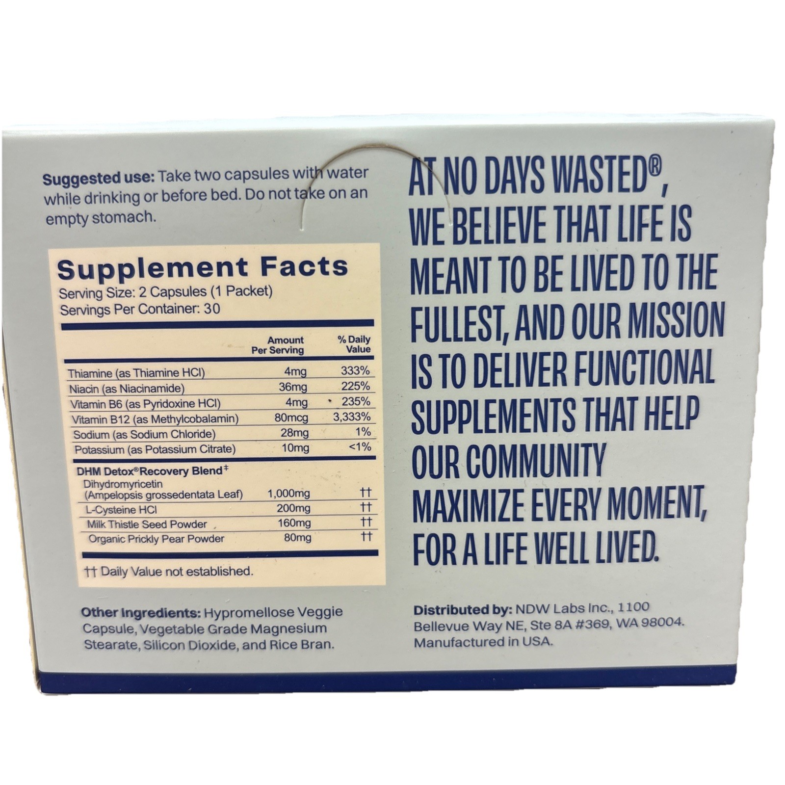 No Days Wasted DHM Detox Recovery Blend, 30 Servings (60 Capsules) EXP 05/2026