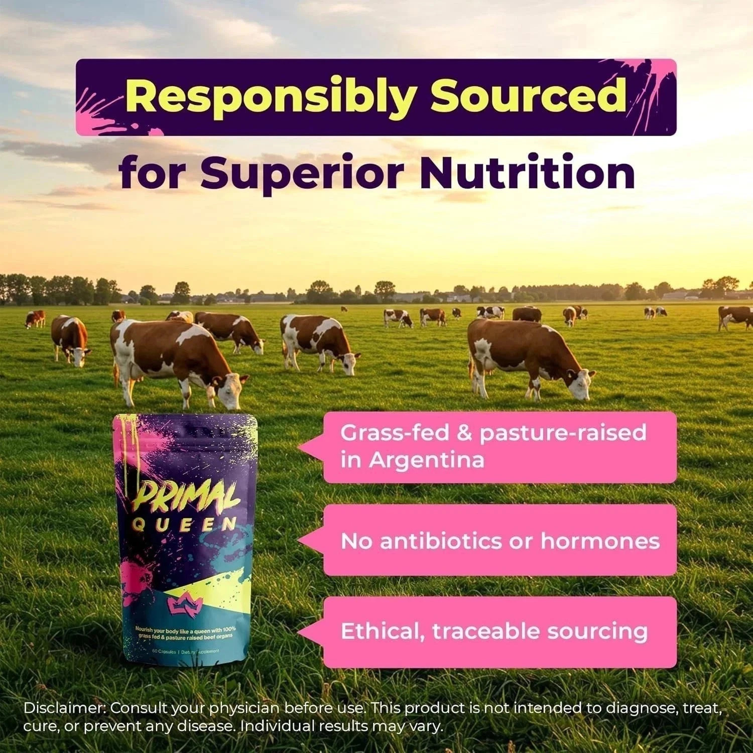 3PCS Primal Queen Supplement for Women 60 CountsBeef Organ Free Shipping !