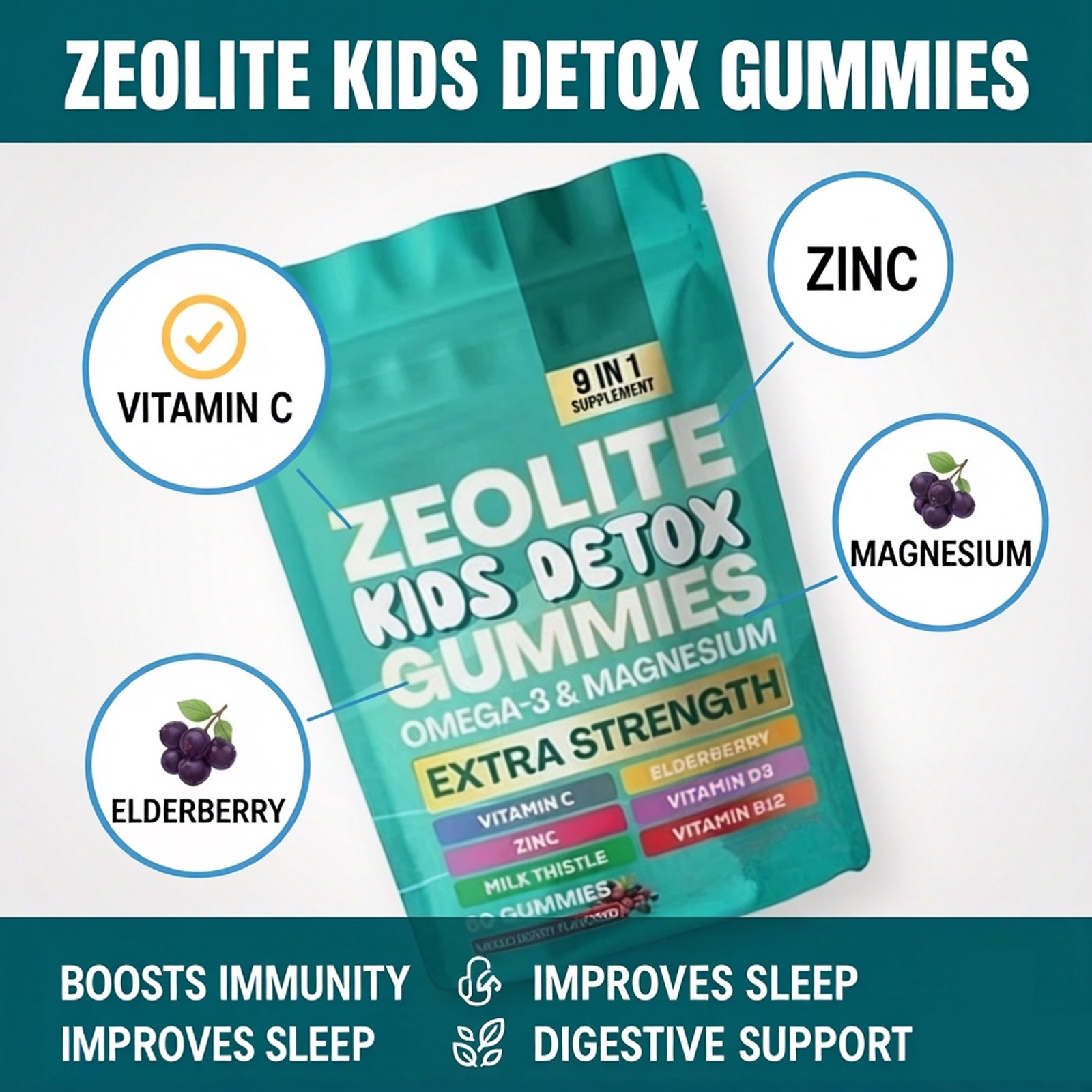 Detox Gummies Kids All-in-One Mixed Berry Flavored Zeolite 60 Gummies NEW