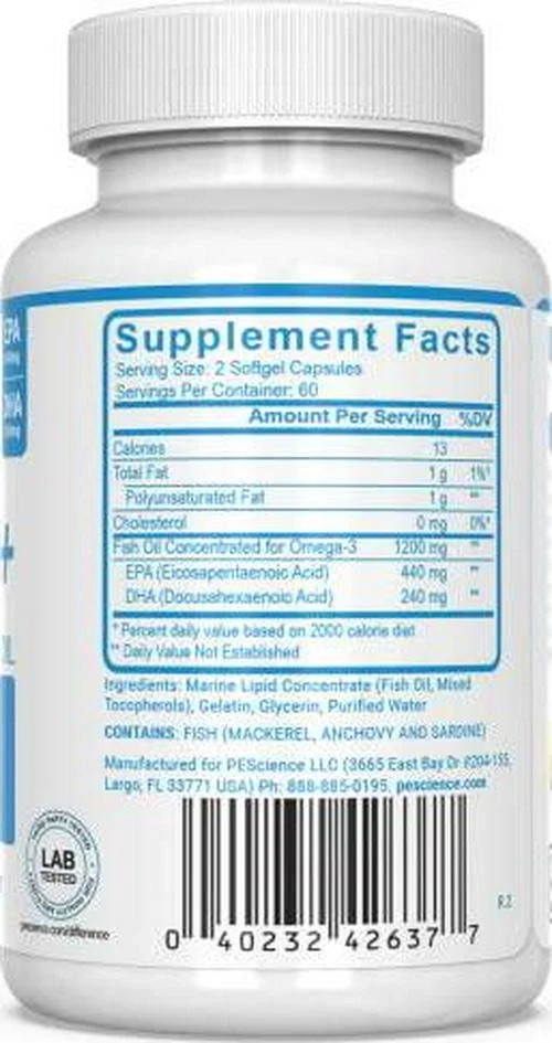 TWO BOTTLES PEScience Omega-3+, 440mg EPA and 240mg DHA Fish Oil Supplement