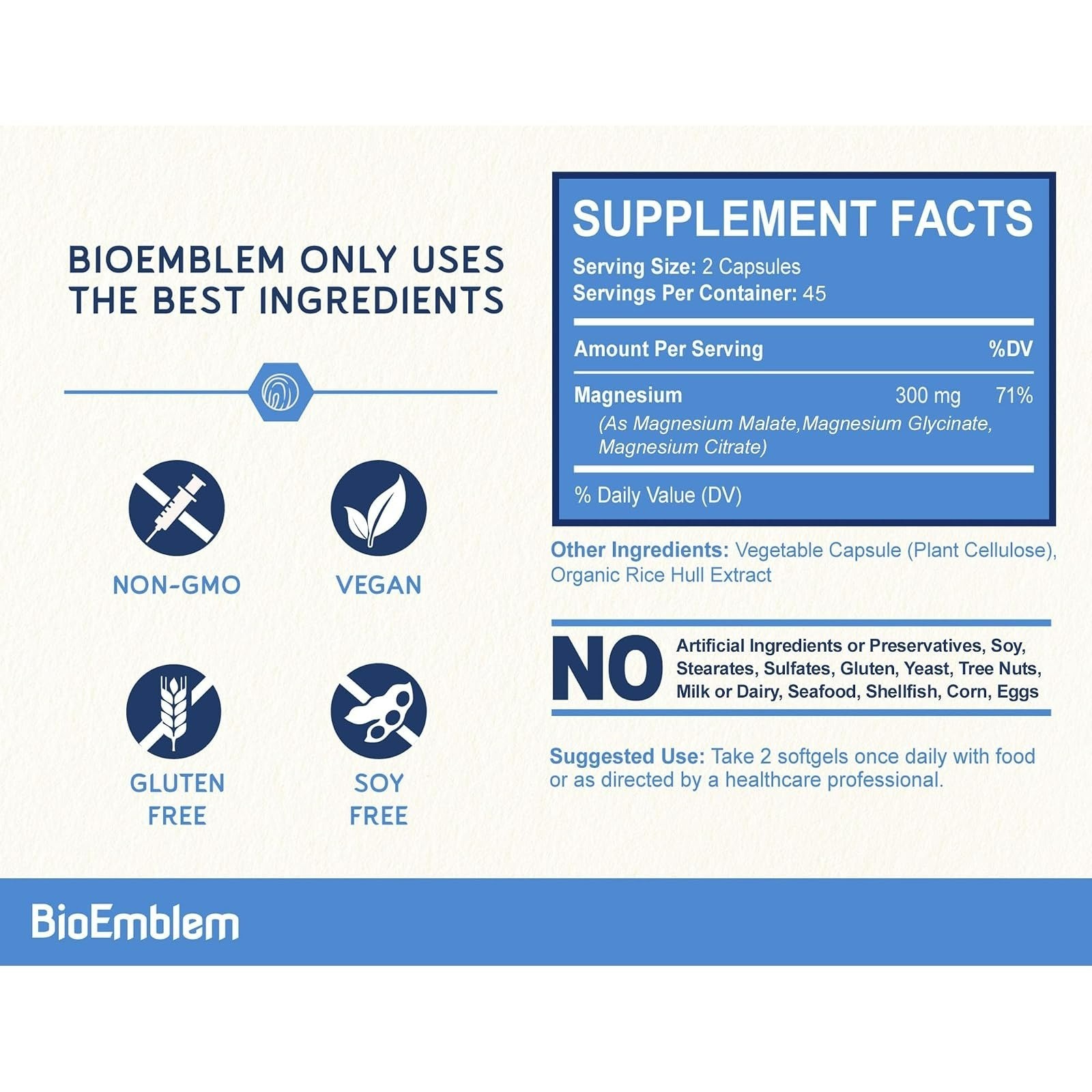 BioEmblem Triple Magnesium Complex 300mg | 90 Capsules | Vegan