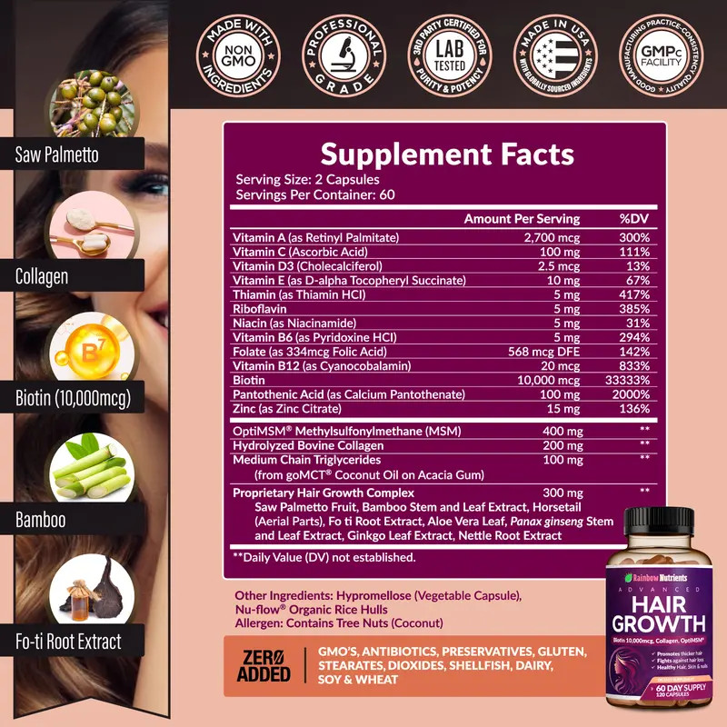 Hair Growth Vitamins – Biotin 10000mcg + Collagen – Supports Hair & Skin – 60ct