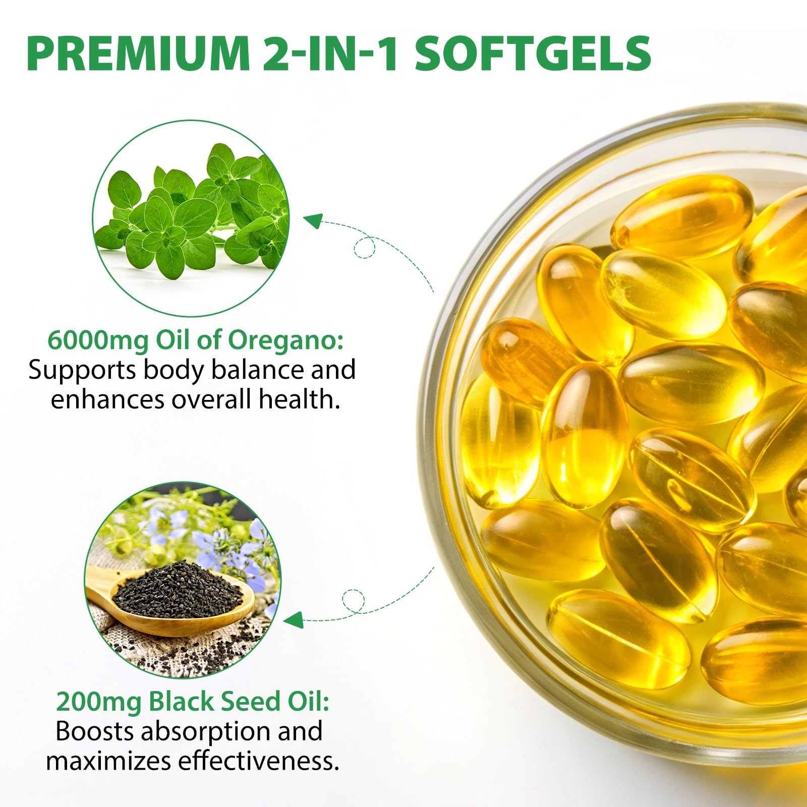 Oregano Oil Softgels 6000mg with Black Seed Oil 200mg – Immune Support, Organic,