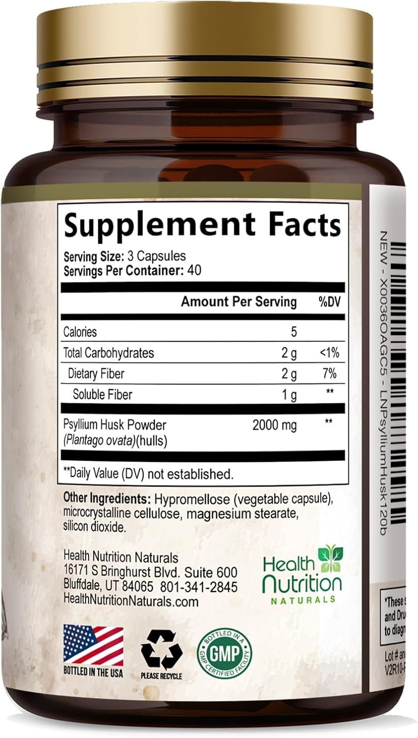 High Absorption Psyllium Husk Fiber Caps 2000 mg, Natural Soluble Fiber Capsules